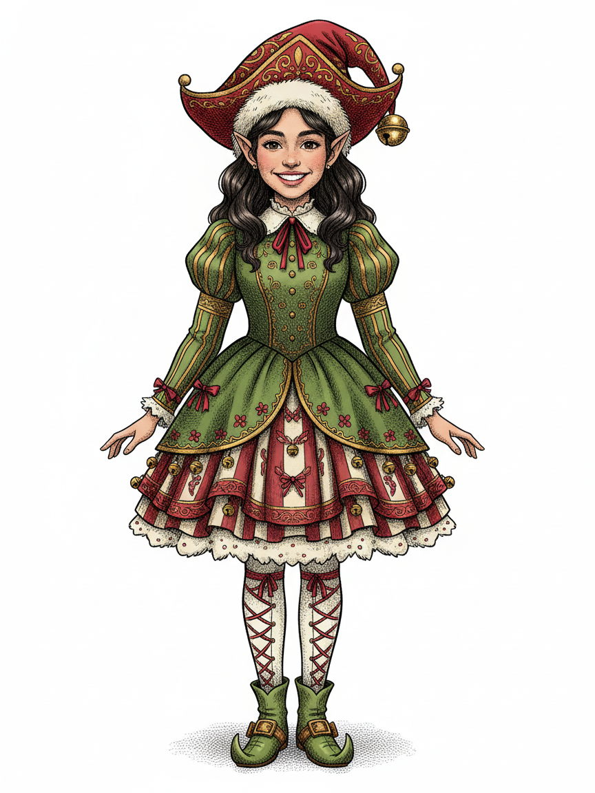 Gabriela the Festive Elf - Victorian Illustration
