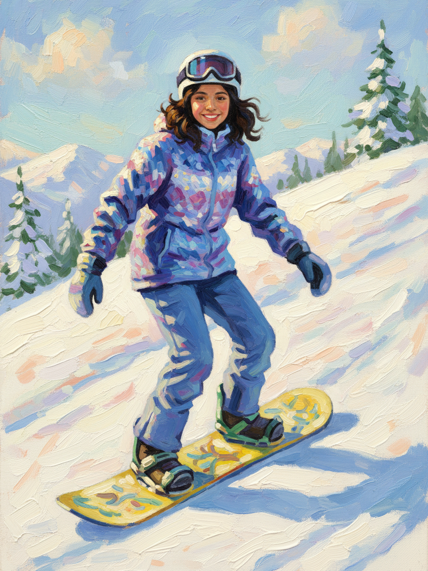 Gabriela the Snowboarding Star - Impressionist Painting