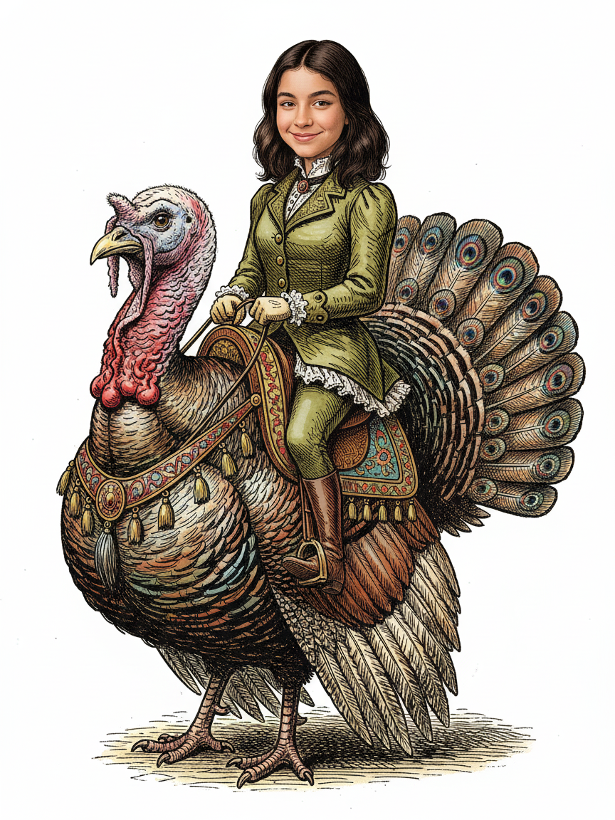 Gobblebela the Turkey Rider - Victorian Illustration