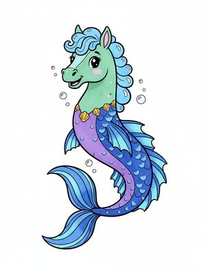 Bubbles the Hippocampus in Classic Coloring Book - Full Colored Illustration