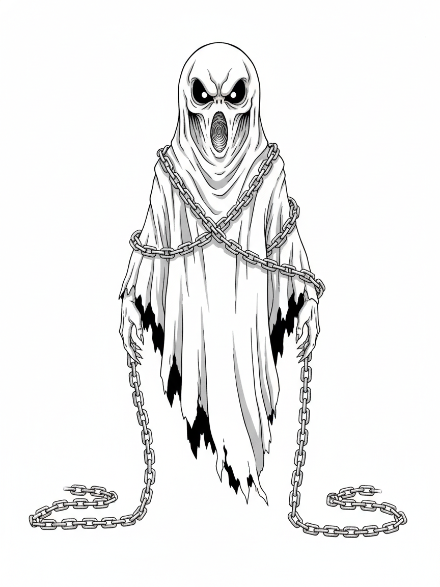 Spook the Scary Ghost - Black & White Illustration