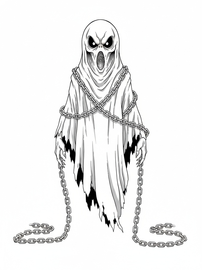 Spook the Scary Ghost in Classic Anime - Black & White Illustration