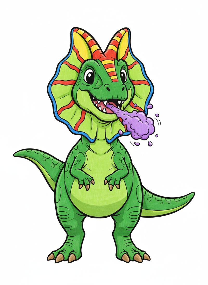 Spitter the Dilophosaurus in Classic Coloring Book - Full Colored Illustration