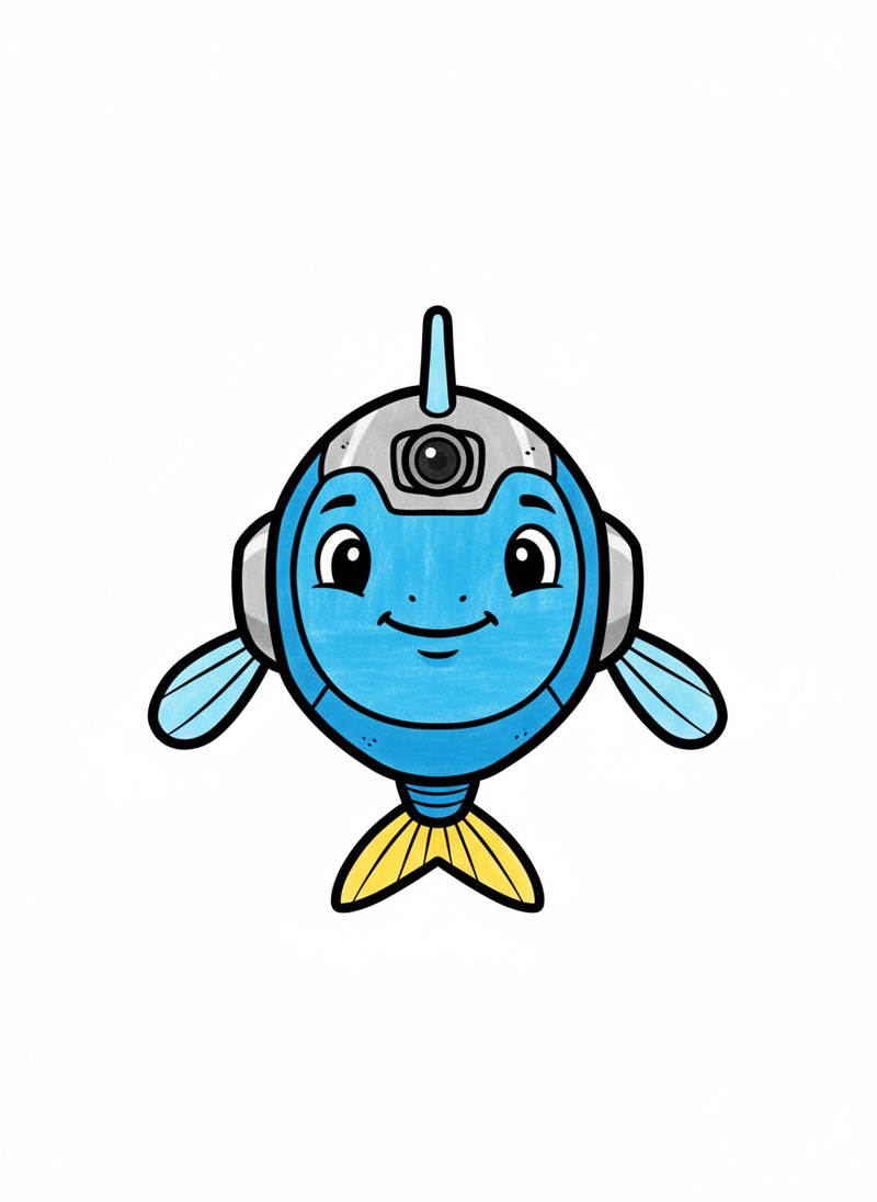 Float the Robot Fish in Classic Coloring Book - Full Colored Illustration