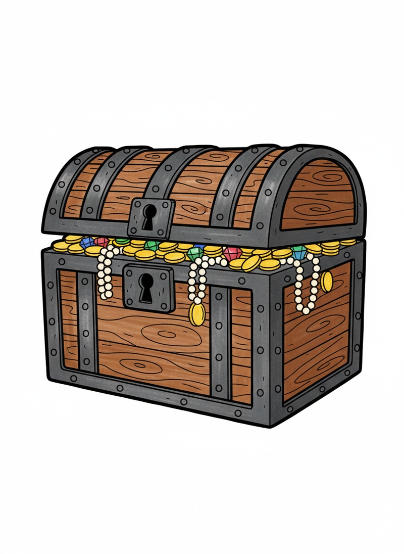 Treasure Chest of Gold in Classic Coloring Book - Full Colored Illustration