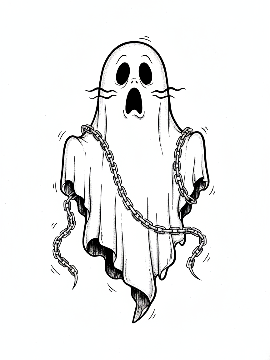Spook the Scary Ghost - Black & White Illustration