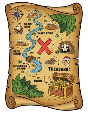 Ancient Map to Treasure in Classic Coloring Book - Full Colored Illustration