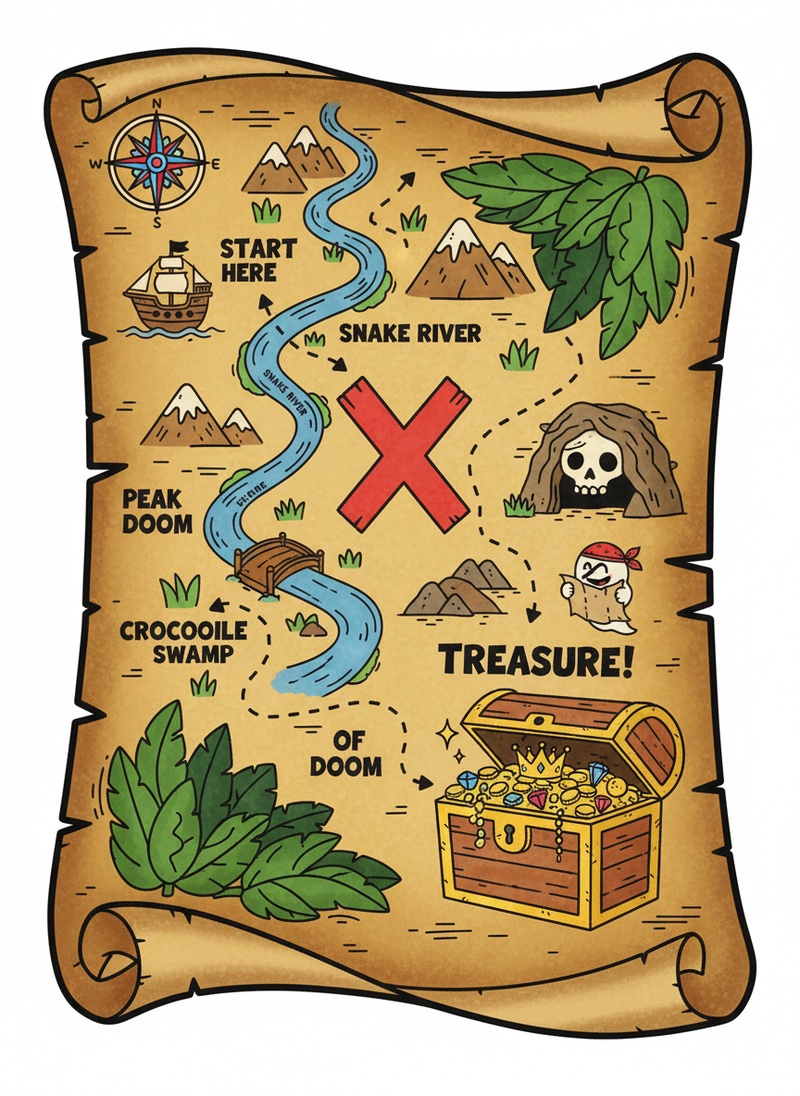 Ancient Map to Treasure in Classic Coloring Book - Full Colored Illustration
