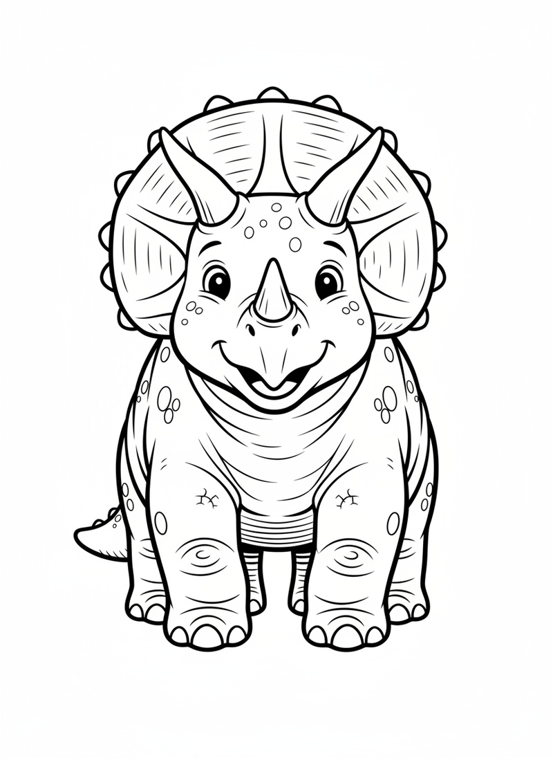 Trixie the Triceratops in Classic Coloring Book - Black & White Illustration