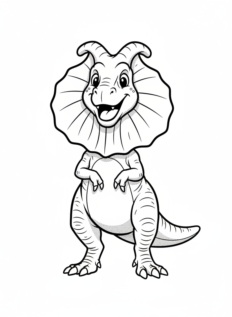 Spitter the Dilophosaurus in Classic Coloring Book - Black & White Illustration