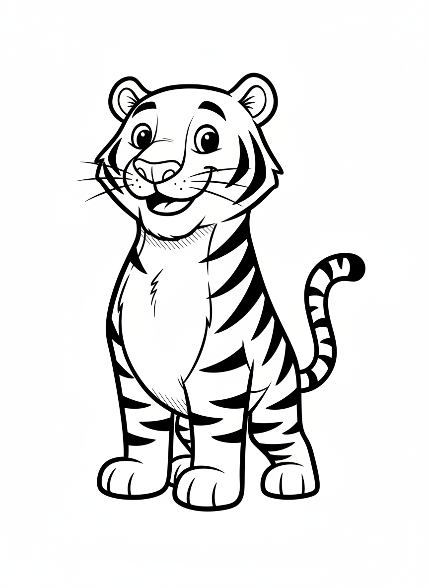 Stripes the Friendly Tiger - Black & White Illustration