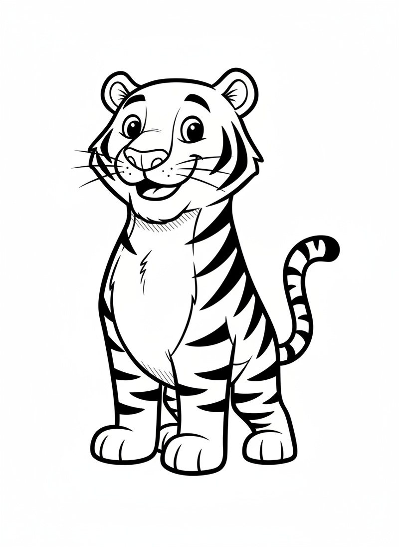 Stripes the Friendly Tiger in Classic Coloring Book - Black & White Illustration