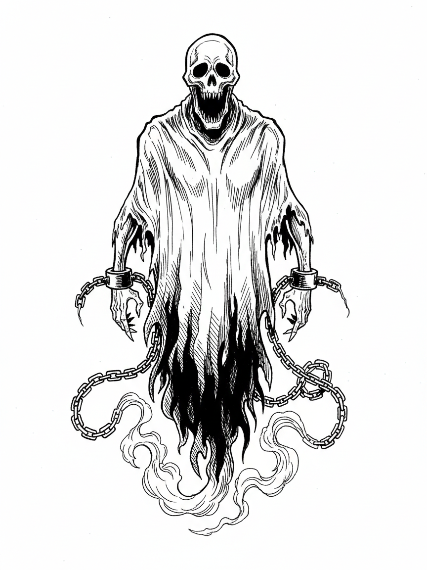 Spook the Scary Ghost - Black & White Illustration