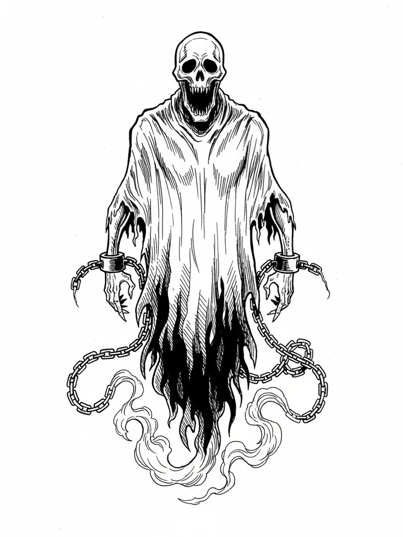 Spook the Scary Ghost in Comic Book - Black & White Illustration