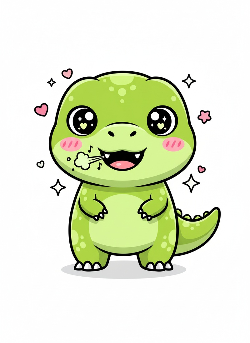 Rex the Fierce T-Rex in Kawaii Cute - Full Colored Illustration