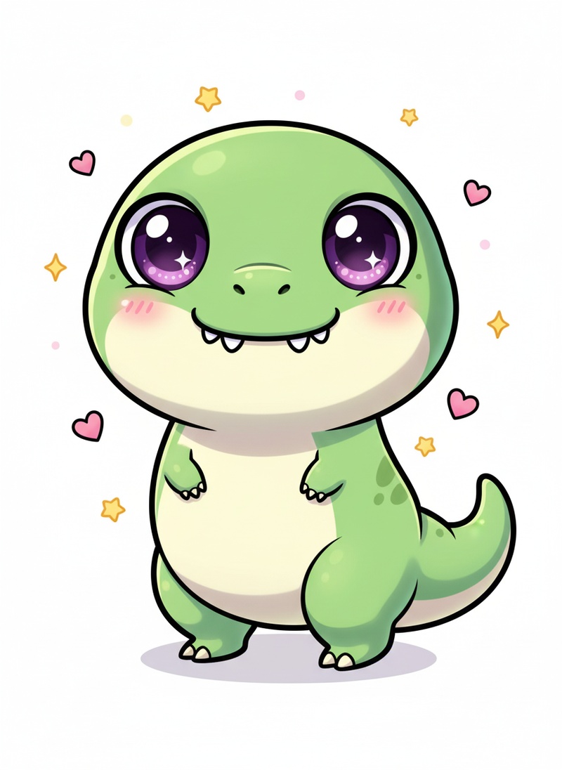 Dexter the Friendly Dinosaur in Kawaii Cute - Full Colored Illustration