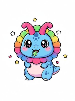 Spitter the Dilophosaurus in Kawaii Cute - Full Colored Illustration
