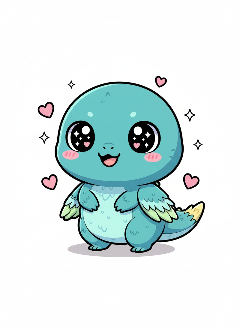 Pounce the Microraptor in Kawaii Cute - Full Colored Illustration