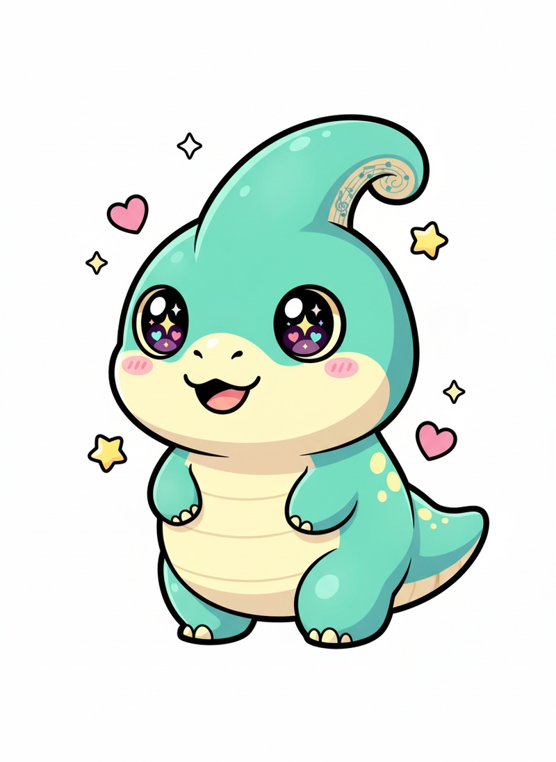 Crest the Parasaurolophus in Kawaii Cute - Full Colored Illustration