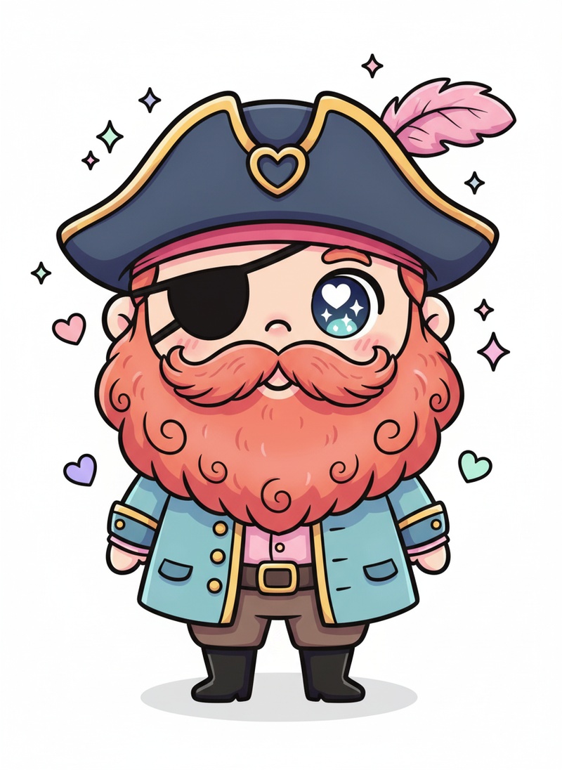 Captain Redbeard the Pirate in Kawaii Cute - Full Colored Illustration