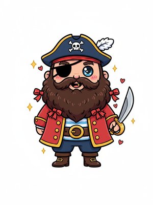 Blackbeard the Villain Pirate in Kawaii Cute - Full Colored Illustration