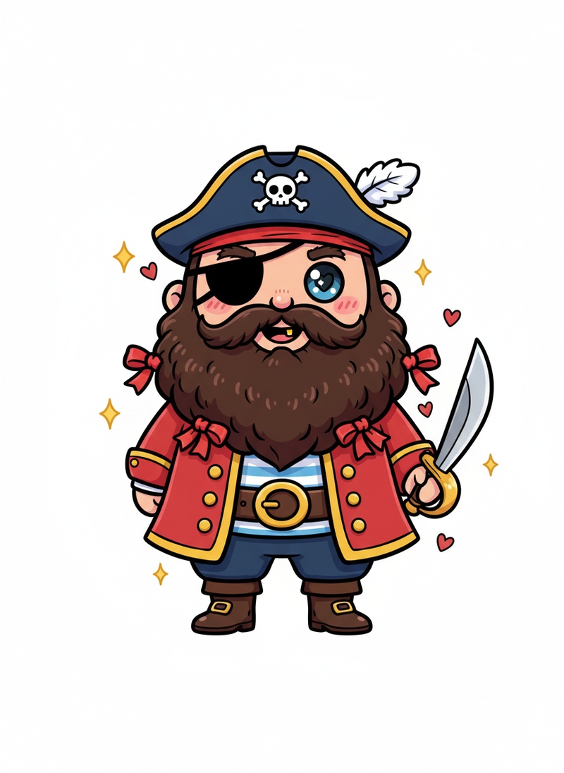 Blackbeard the Villain Pirate in Kawaii Cute - Full Colored Illustration