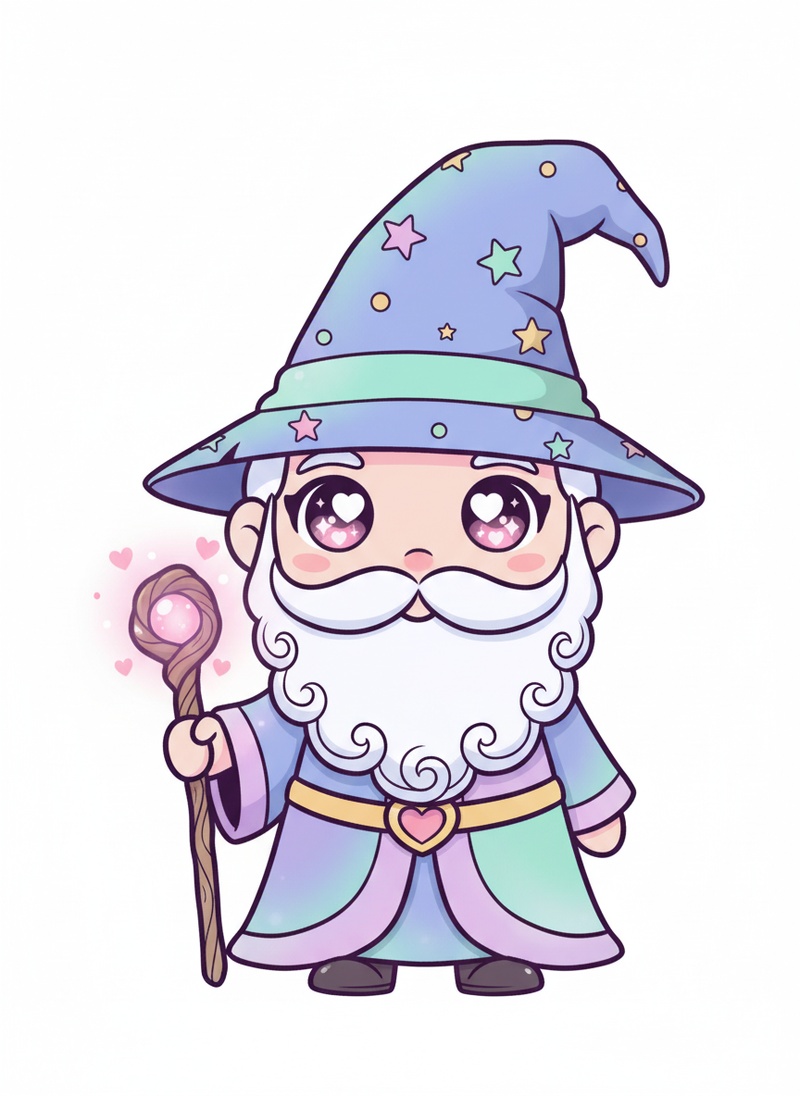 Merlin the Wise Wizard in Kawaii Cute - Full Colored Illustration
