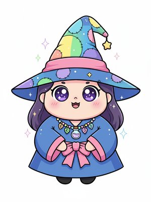 Hazel the Helpful Witch in Kawaii Cute - Full Colored Illustration