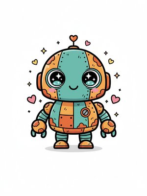Rust the Old Robot in Kawaii Cute - Full Colored Illustration
