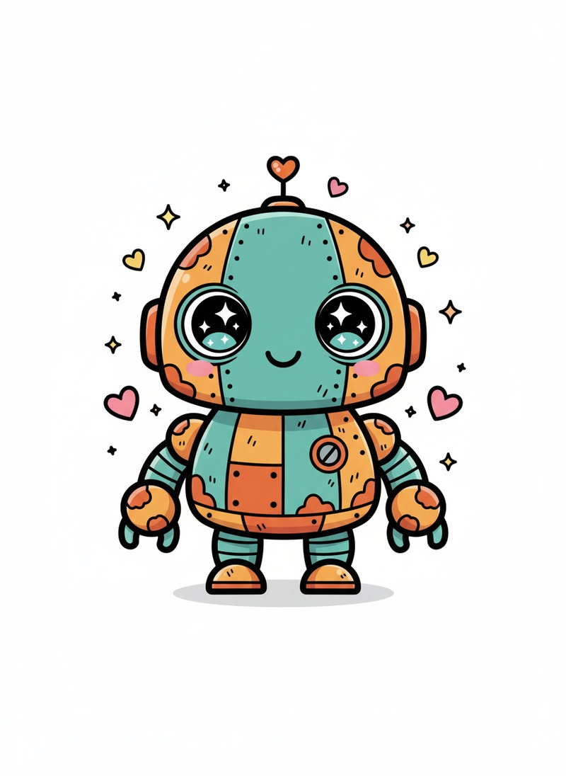 Rust the Old Robot in Kawaii Cute - Full Colored Illustration