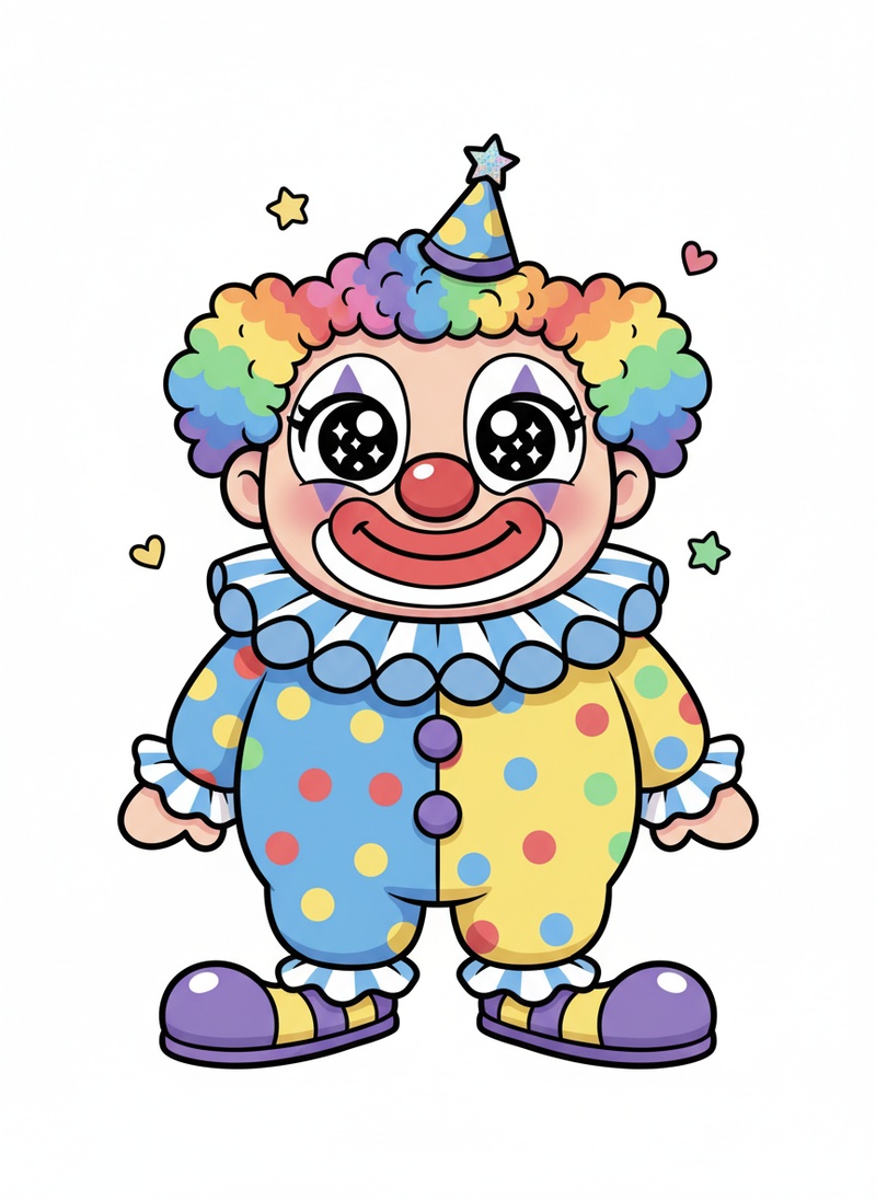 Giggles the Friendly Clown in Kawaii Cute - Full Colored Illustration