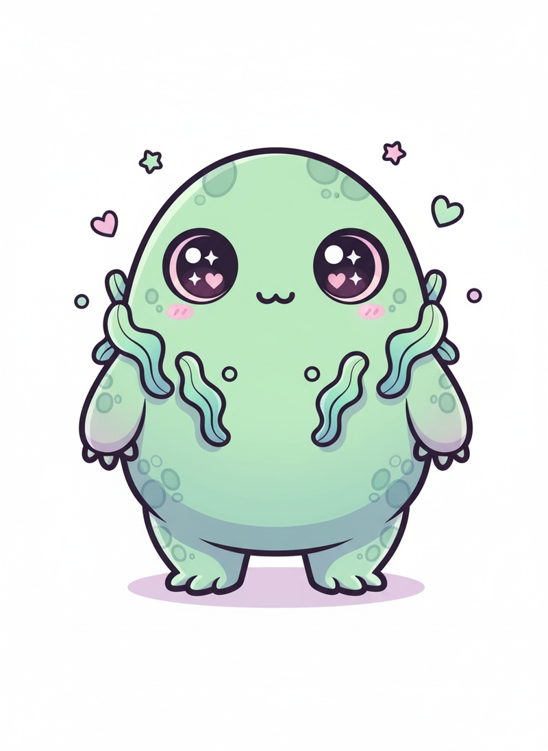 Greenie the Swamp Monster in Kawaii Cute - Full Colored Illustration