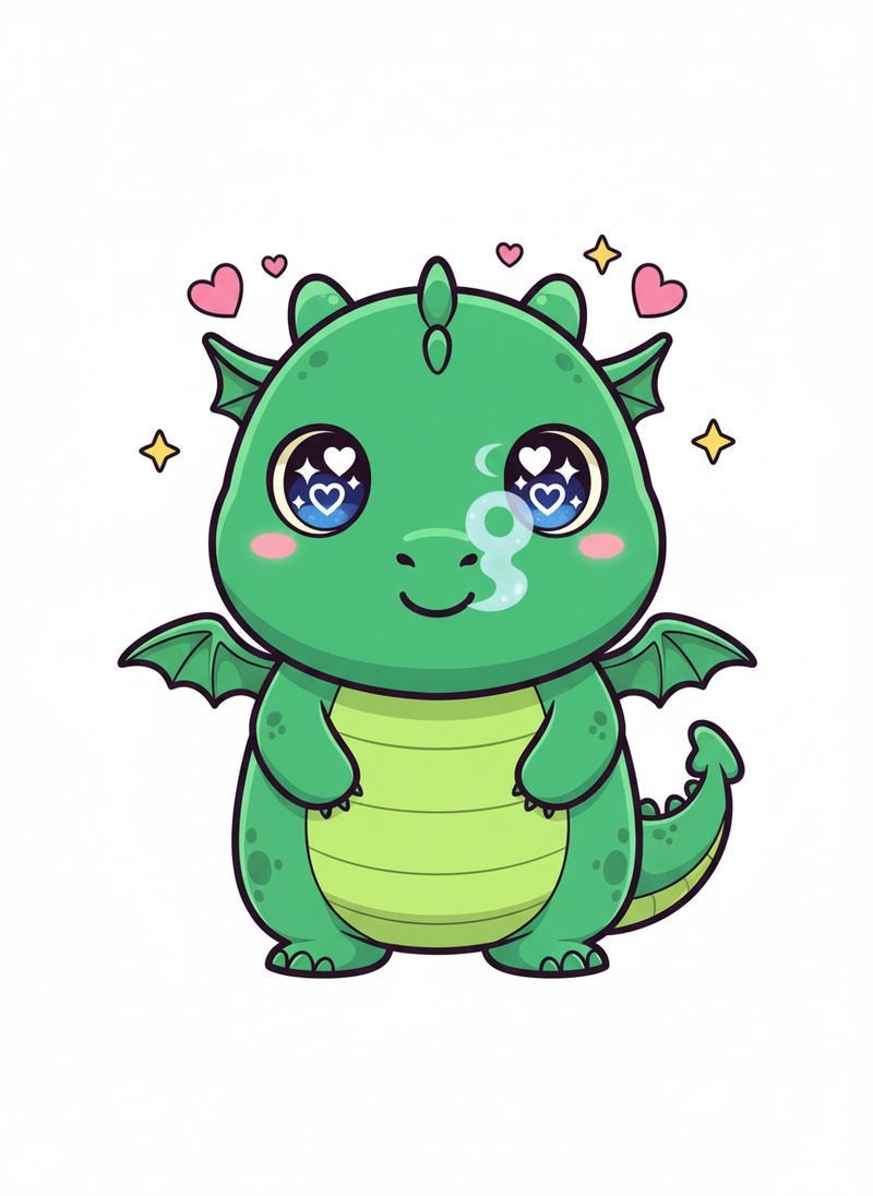 Puff the Friendly Dragon in Kawaii Cute - Full Colored Illustration