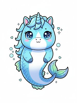 Bubbles the Hippocampus in Kawaii Cute - Full Colored Illustration