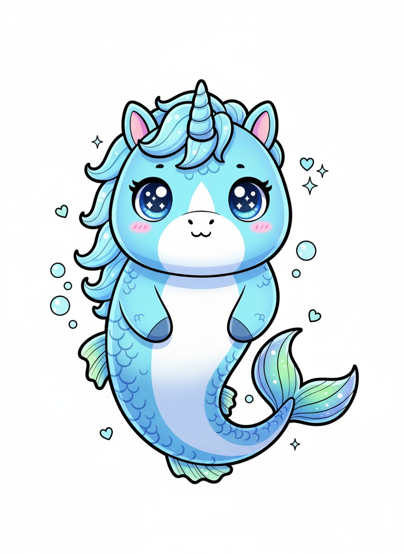 Bubbles the Hippocampus in Kawaii Cute - Full Colored Illustration