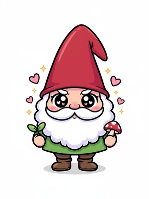 Bramble the Garden Gnome in Kawaii Cute - Full Colored Illustration