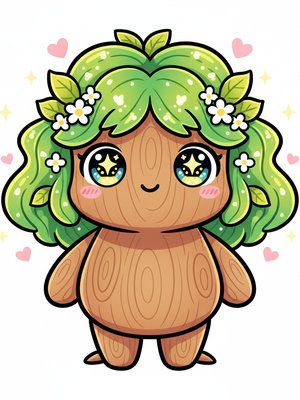 Oak the Tree Dryad in Kawaii Cute - Full Colored Illustration