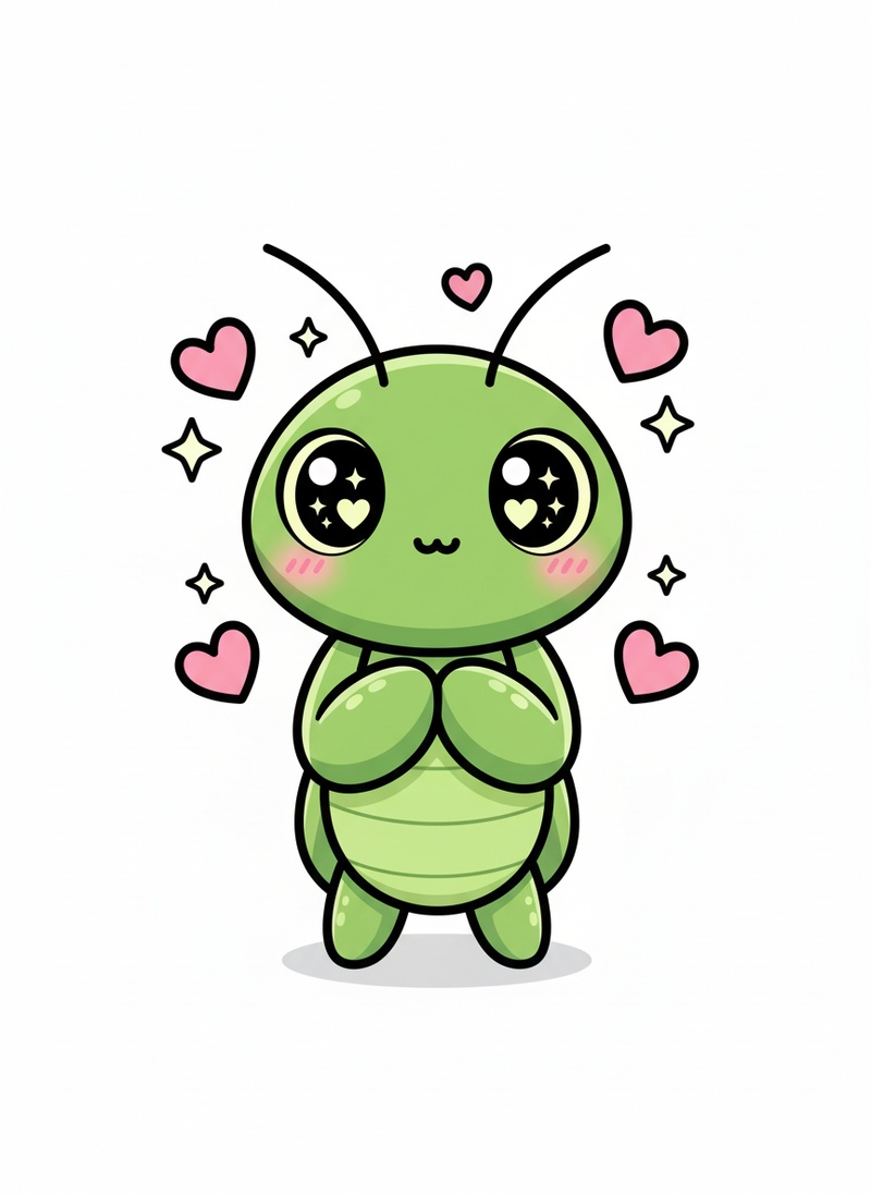 Praying the Mantis in Kawaii Cute - Full Colored Illustration