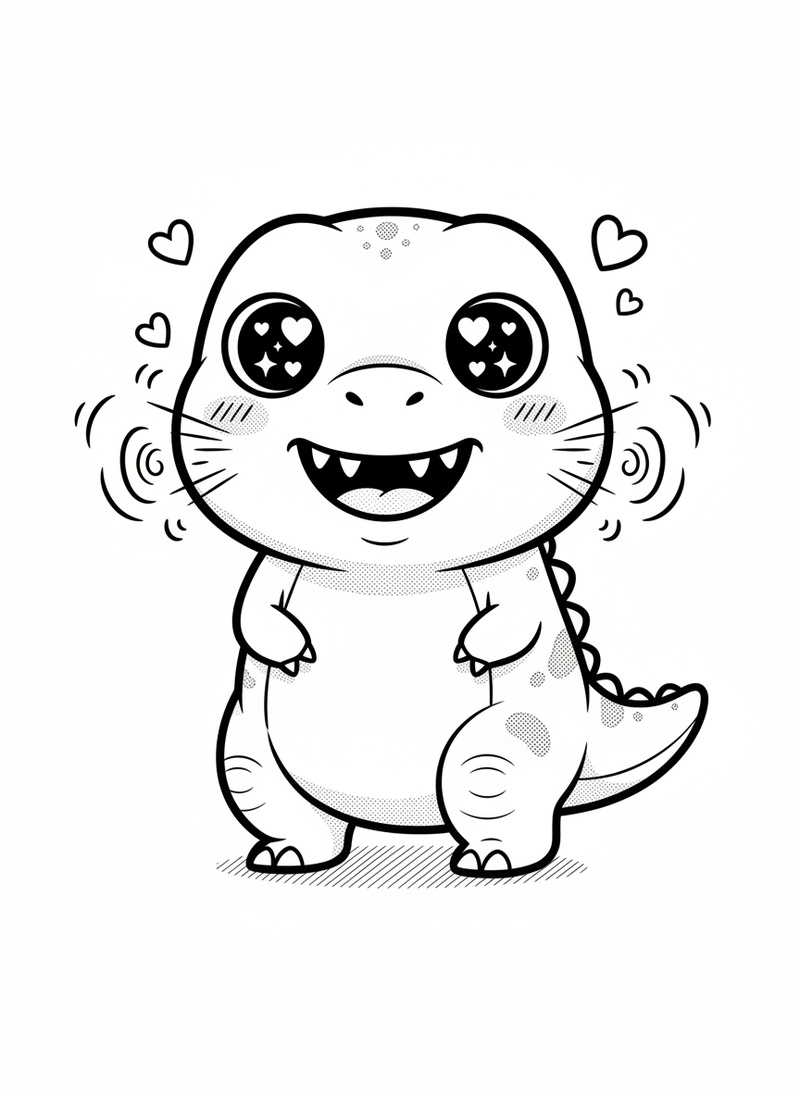 Rex the Fierce T-Rex in Kawaii Cute - Black & White Illustration