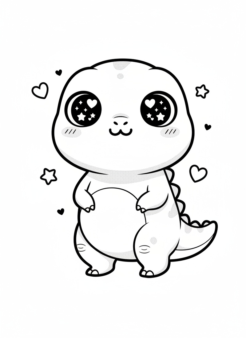 Dexter the Friendly Dinosaur in Kawaii Cute - Black & White Illustration