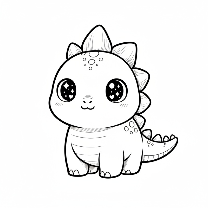 Spike the Stegosaurus in Kawaii Cute - Black & White Illustration