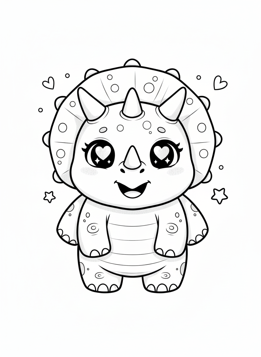 Trixie the Triceratops - Black & White Illustration