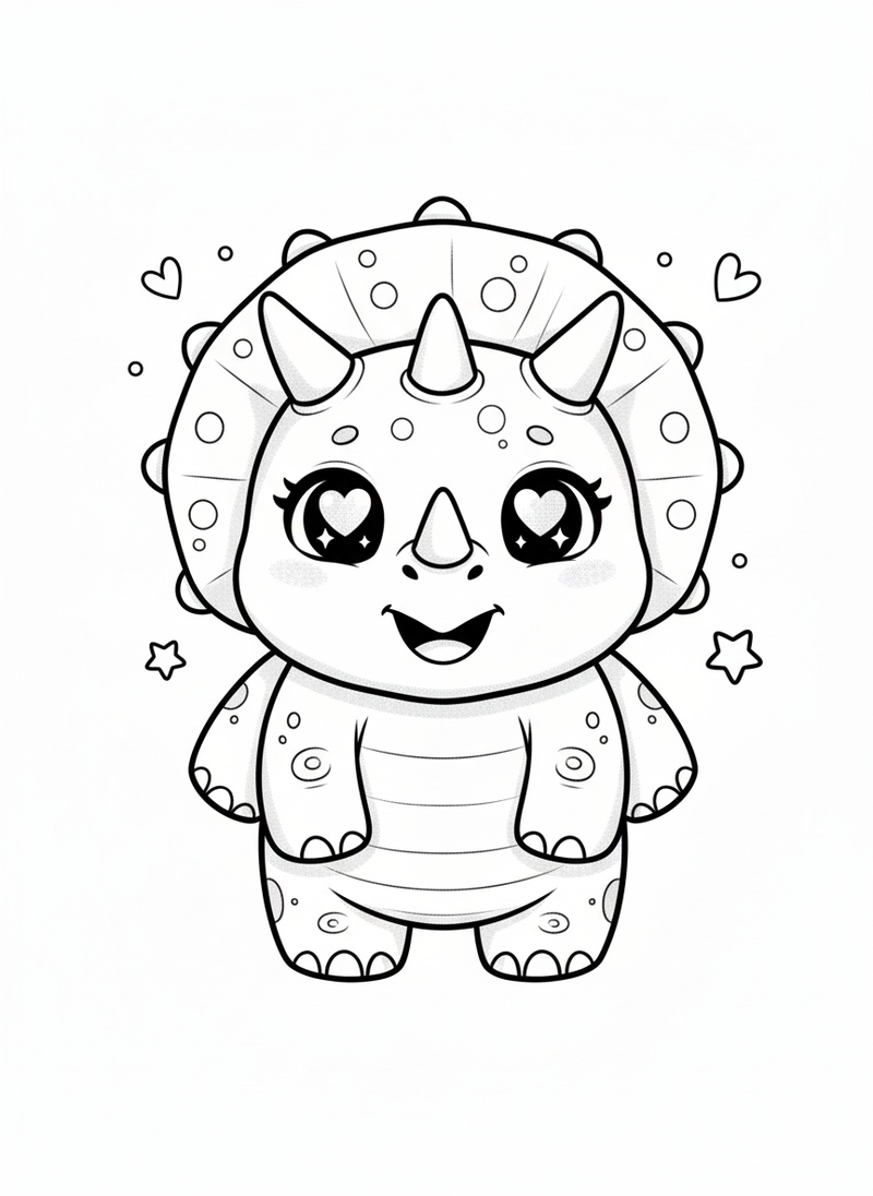 Trixie the Triceratops in Kawaii Cute - Black & White Illustration