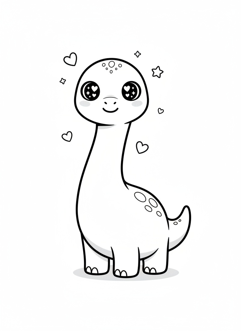 Stretch the Brachiosaurus in Kawaii Cute - Black & White Illustration