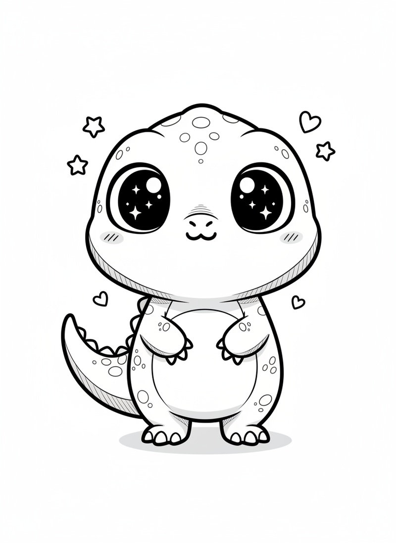 Zippy the Velociraptor in Kawaii Cute - Black & White Illustration