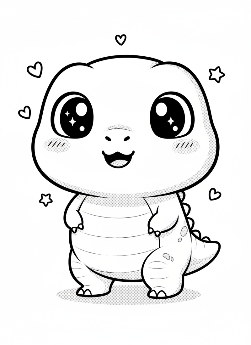 Chomper the Baby T-Rex in Kawaii Cute - Black & White Illustration