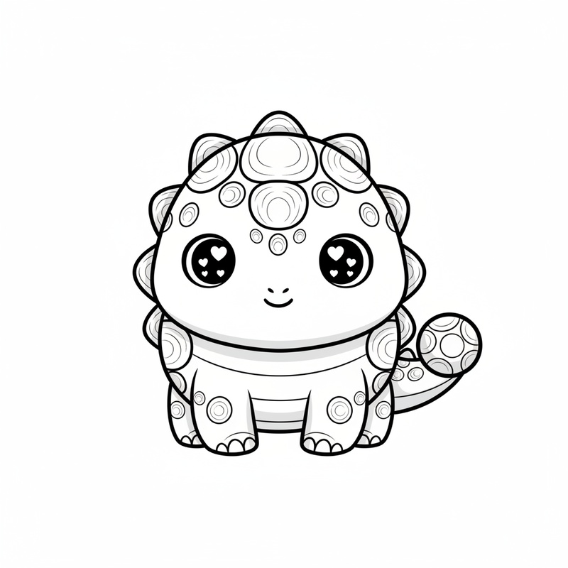 Tank the Ankylosaurus in Kawaii Cute - Black & White Illustration