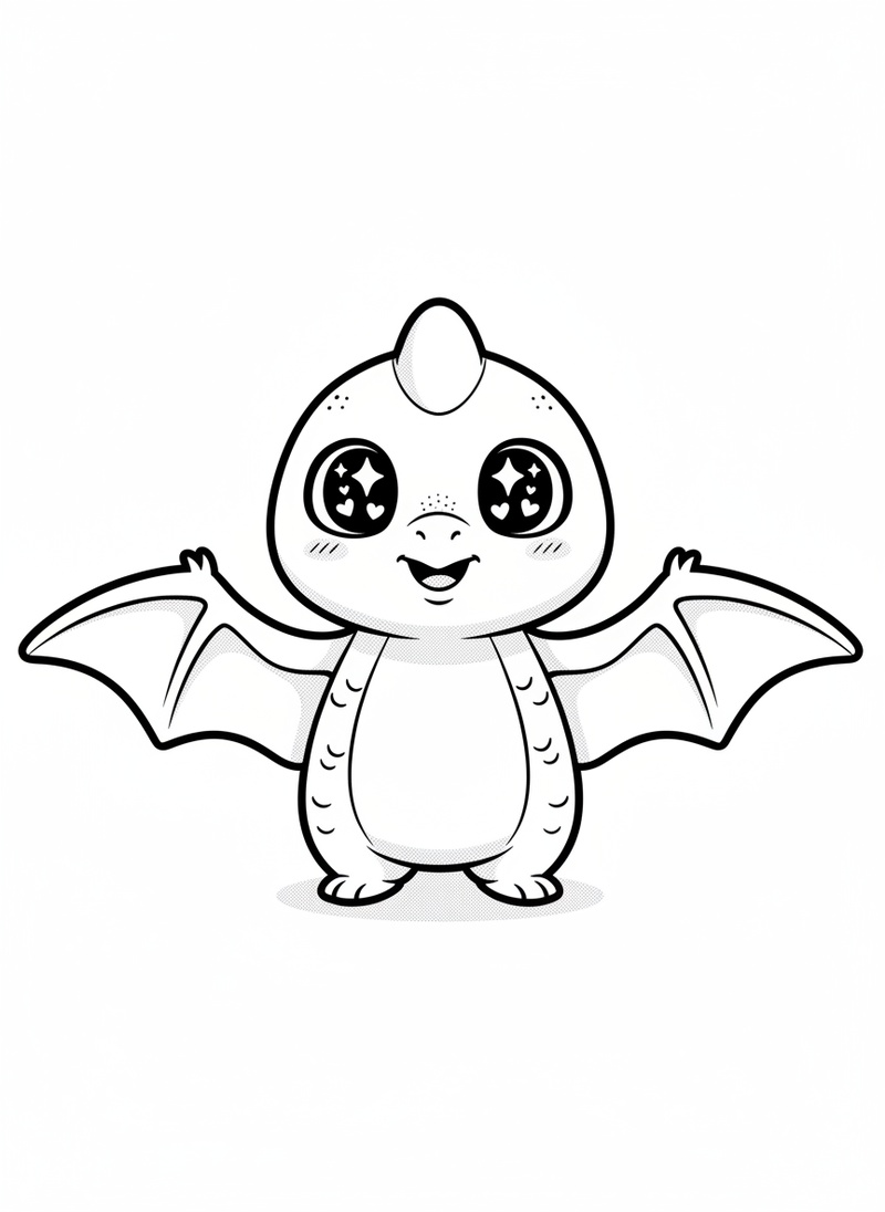 Wings the Pteranodon in Kawaii Cute - Black & White Illustration