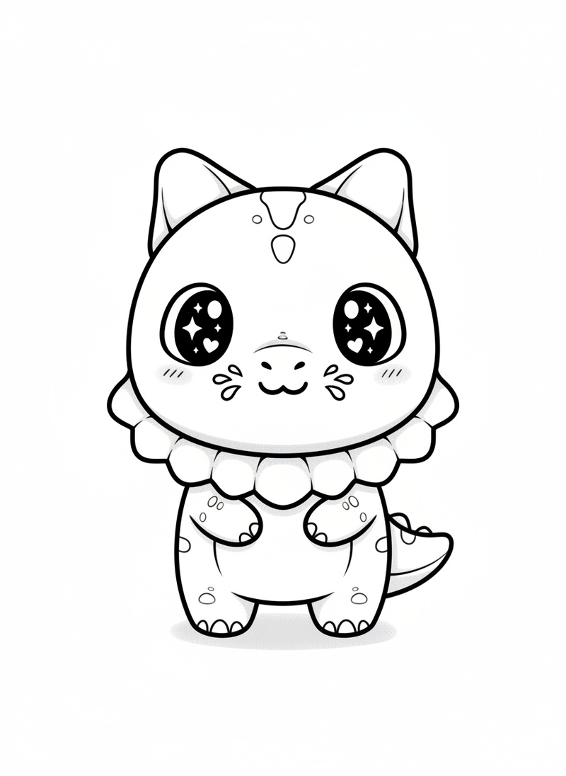 Spitter the Dilophosaurus in Kawaii Cute - Black & White Illustration