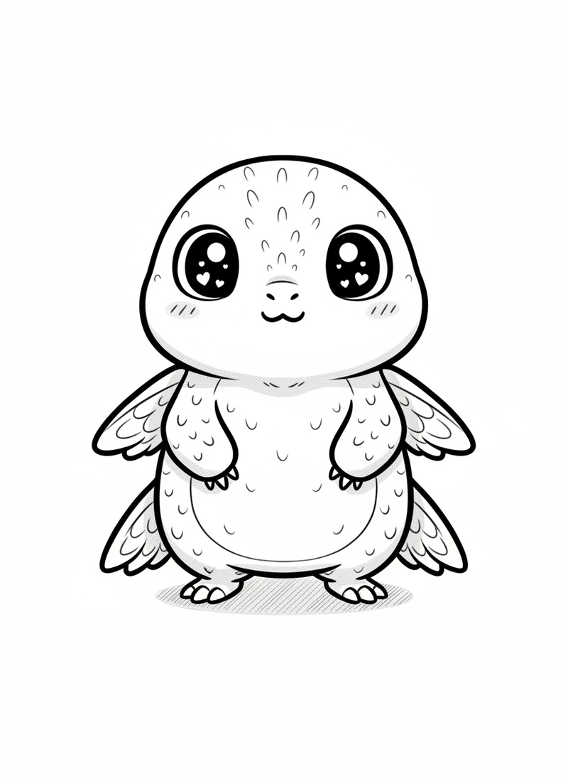 Pounce the Microraptor in Kawaii Cute - Black & White Illustration